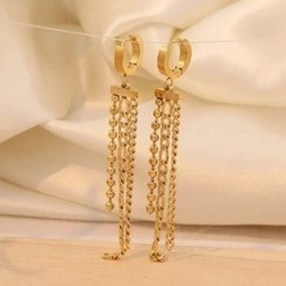 Gold Stainless Steel Multi Strand Tassel‎ Huggie Hoop Dangle Drop Earrings Long